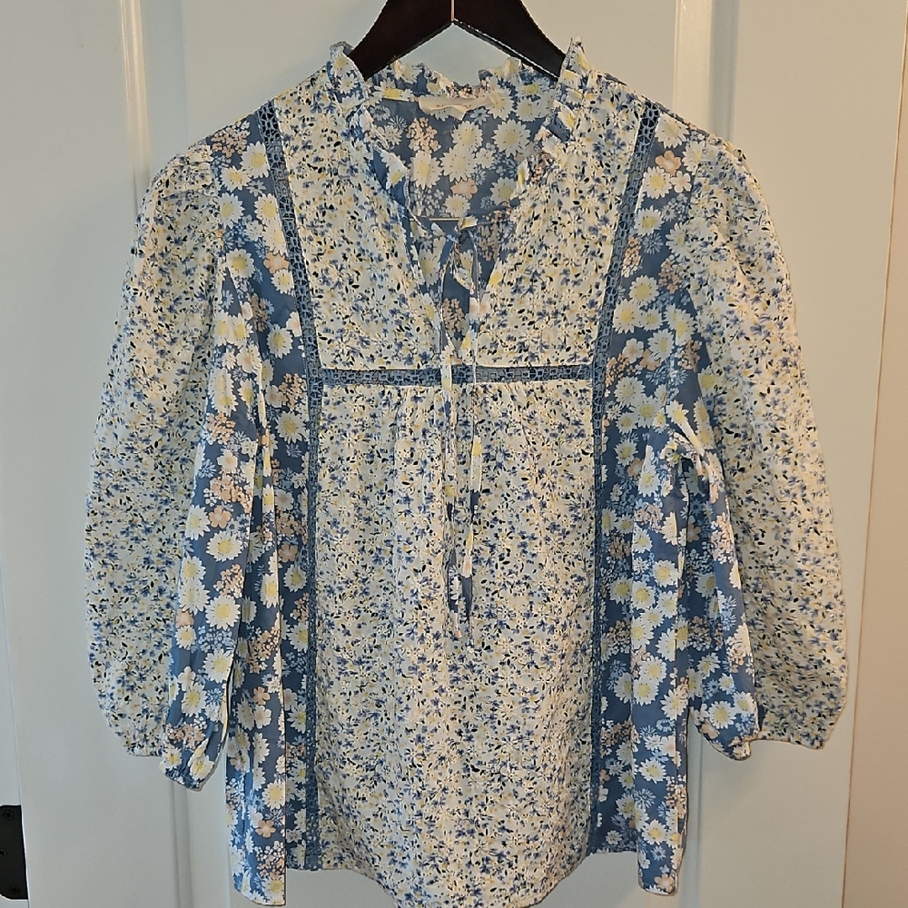Solitaire Blue, White Boho Mixed Floral Puff Sleeve Top, M, Cottagecore, Peasant - Picture 2 of 11